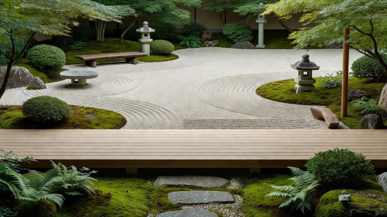 緑と石で構成された静かな日本庭園